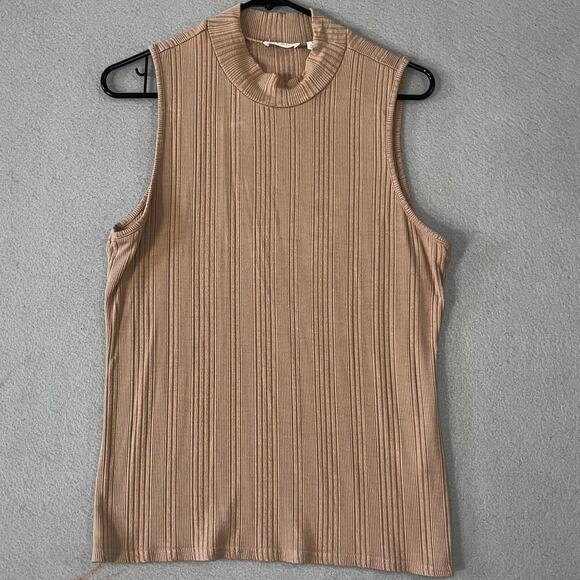 Cyrus Essentials Top Womens Large Ribbed Mock Neck Tan Minimalist Stretch - Picture 1 of 5